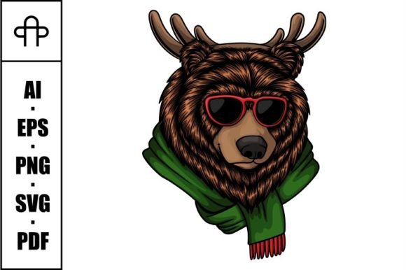 Bear Head Wearing Deer Antlers Christmas Illustrations