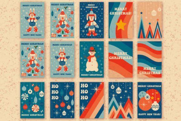 Retro Christmas Greeting Cards Bundle: Illustrations
