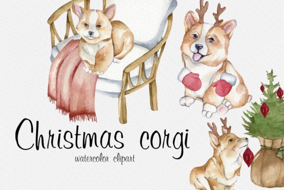 Watercolor Christmas Corgi Clipart & Illustrations
